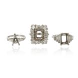 Three diamond-set ring mounts, missing centre stones, one rectangular form with a ballerina-style