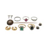 A mixed group of jewellery including a pair of diamond stud earrings, a pair of sapphire and diamond