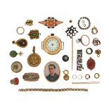 A mixed group of jewellery including a vacant Russian star stickpin, a miniature portrait in gold