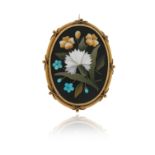 A Victorian pietra dura brooch, the oval plaque depicting a carnation, forget-me-nots and