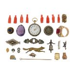 λ A mixed group of jewellery including carved coral, a gold and enamel fob watch, an amethyst