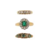 Three gem-set gold rings, including a diamond five-stone ring, size G, an emerald and seed pearl