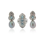 A pair of aquamarine, cultured pearl and diamond drop earrings, each set with a circular-cut