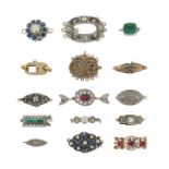 A collection of fifteen gem-set clasps, including a diamond-set gold lobster clasp, 1.5 x 0.8cm, a