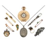 A mixed group of jewellery including a gold-plated half hunter by Waltham USA, a smokey quartz