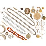 A mixed group of jewellery including two shell cameo brooches, a lady's gold fob watch, a pair of