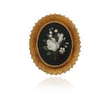 A Victorian pietra dura brooch pendant, with floral motif, in gold mount with wirework and beaded
