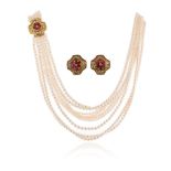 A cultured pearl necklace with gem-set clasp and earrings, the gold cluster clasp set with pear-