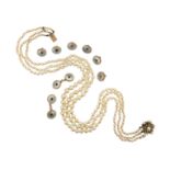 A three-row cultured pearl necklace, with a mother-of-pearl-set gold dress set in fitted Asprey box