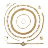 A quantity of jewellery, including a yellow gold mesh-link necklace, stamped 585, 39.5cm long,