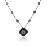 A cultured pearl and black diamond necklace, the black gold chain set with six cultured pearls