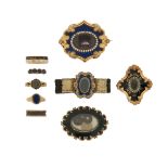 A mixed group of antique mourning jewellery, including three gold mourning rings, a lapiz lazuli