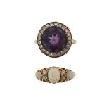 A Victorian amethyst and diamond cluster ring, set in gold, size M 1/2 and an opal and diamond