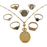 A mixed group of jewellery including seven gem-set gold rings and a gold watch pendant by Bucherer