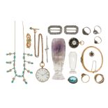 A mixed group of jewellery including a seed pearl and turquoise gold brooch, fitted case, a pair