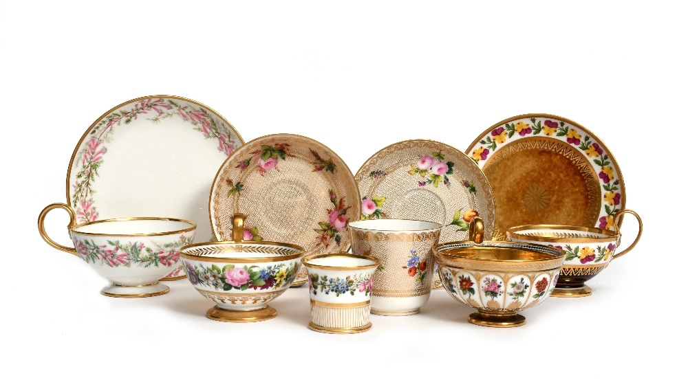 Three Sèvres cups and saucers 19th century, one dated 1848 and painted with a wide band of pink