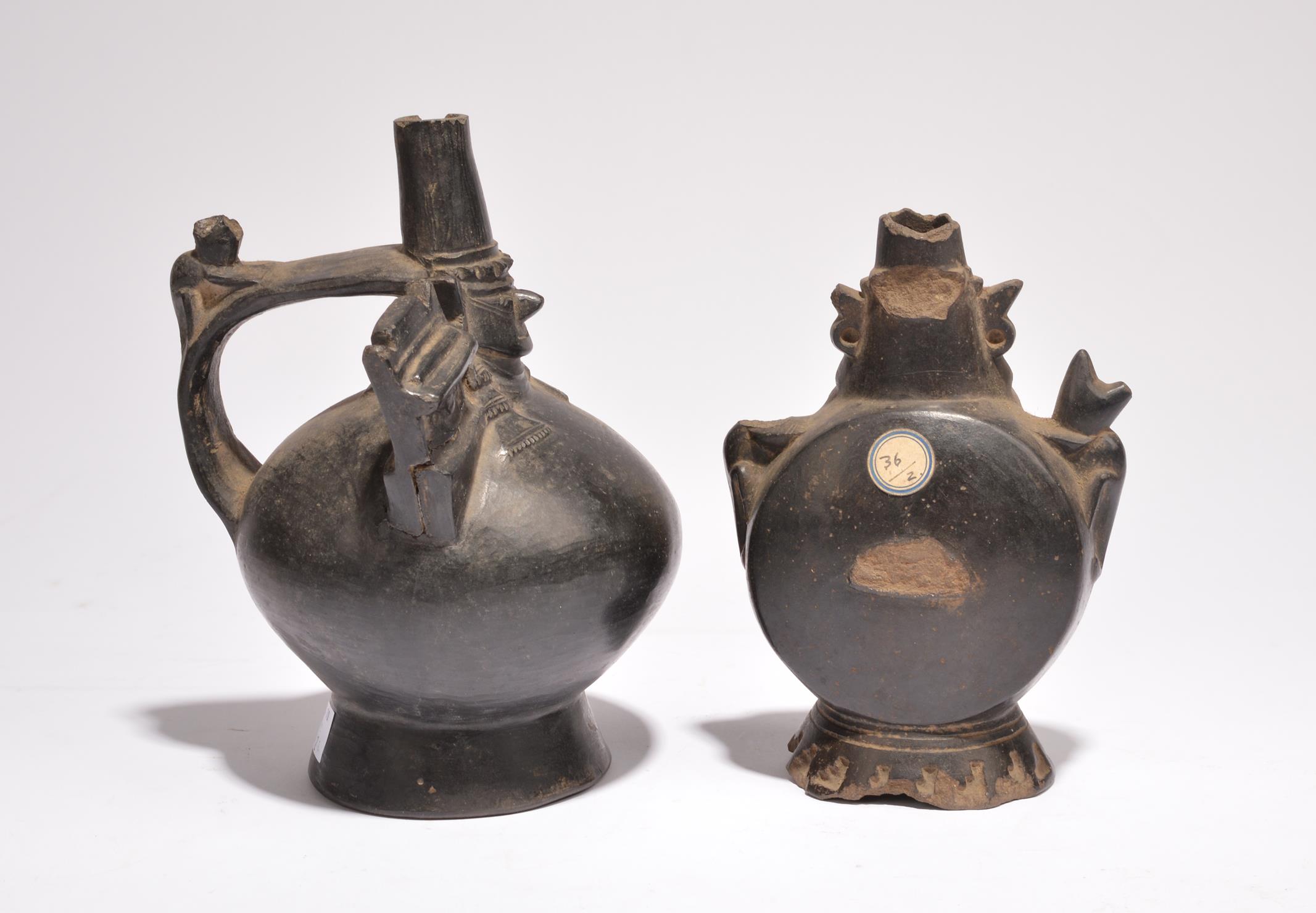 Two Lambayeque vessels Peru, circa 800 - 1300 AD pottery, one with a handle with a feline - Image 2 of 2