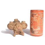 A Colima seated water carrier Mexico carrying three pots, 8.5cm high, and a Maya style cylinder pot,