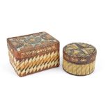 Two Micmac quilled boxes Northeast Canada one rectangular with a pine and birch bark carcass with