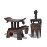 A Tsonga zoomorphic headrest Zimbabwe the carved horse base with three supports to the curved top