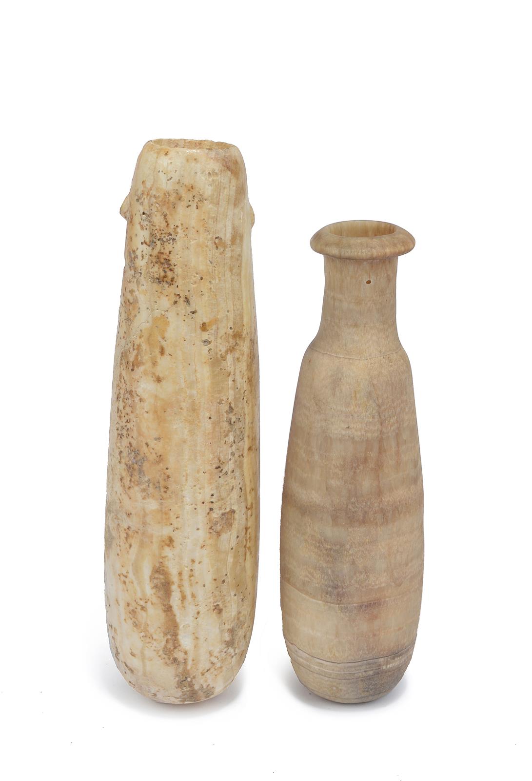 Two Egyptian alabaster alabastron Late Period, circa 664 - 332 BC one with a rounded base and a