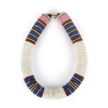 A Zulu / Ndebele beaded thick neckband South Africa coloured glass beads, fibre and brass buttons,