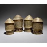 Four Ashanti forowa Ghana brass with chased geometric shapes, figures, animals and symbols, two with