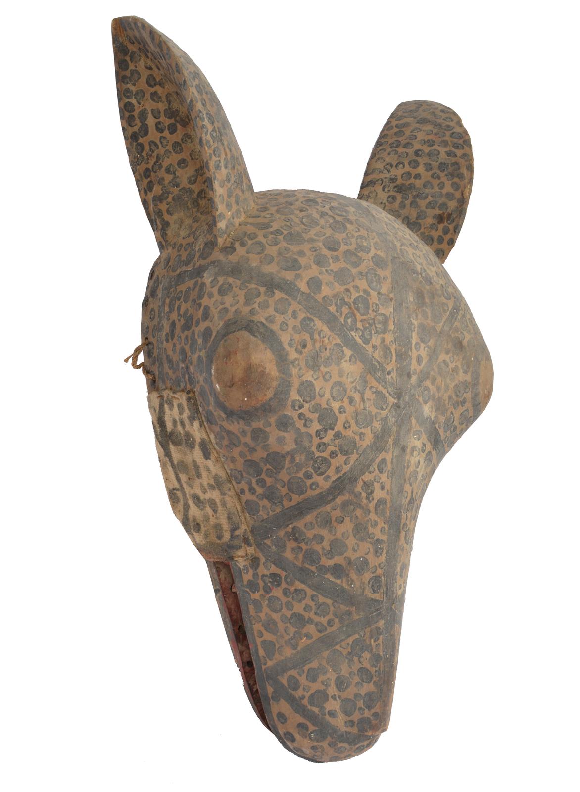 A West African leopard mask probably Cameroon with an articulated jaw, cloth, fibre and painted