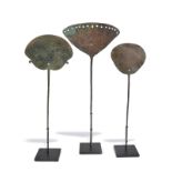 Three large cloak pins tupu Central and South America copper, with differing pierced heads, each