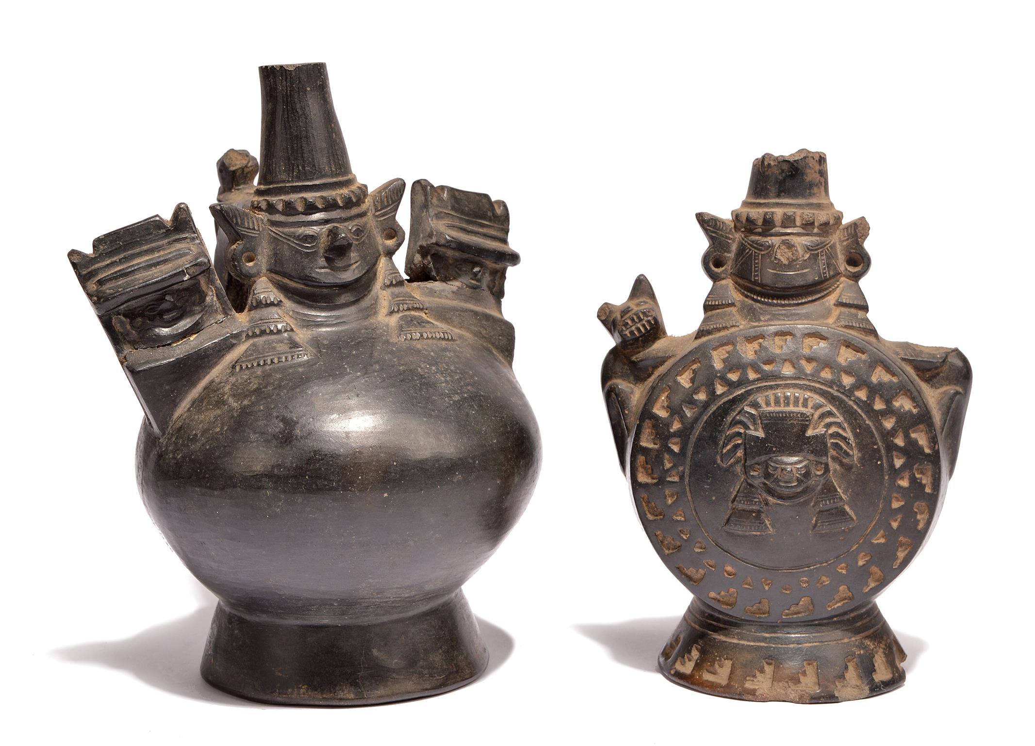 Two Lambayeque vessels Peru, circa 800 - 1300 AD pottery, one with a handle with a feline