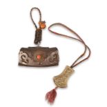 λA Tibetan fire striker pouch chakmak leather, steel, wood and a coral bead, 12cm wide, and a