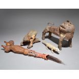 A Fon leopard Benin with sheet metal and nails, 22cm high, a Lobi cast metal crocodile, 23cm long, a