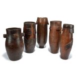 Five Zulu milk pails South Africa with lug lifts and three with relief ribbed carving and pokerwork,