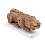A Peru model jaguar carved and with drilled spots, 16cm long, with a perspex stand. (2)