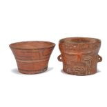 A Tiwanaku ceremonial vessel Bolivia terracotta, with a circular body and square rim, with a