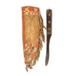 A Huron knife sheath Great Lakes hide with stained and natural quill, 19th century, 32cm long, and a