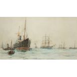 Circle of William Lionel Wyllie A busy shipping scene Watercolour 24.3 x 43.9cm; 9½ x 17¼in