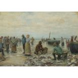 Owen Dalziel (1861-1942) Coastal scene with fishermen sorting their catch Signed Oil on canvas 40.