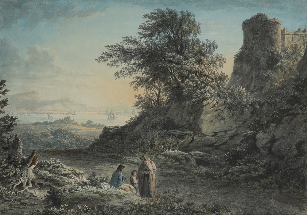 John Glover OWS (1767-1849) Landscape with travellers beneath a castle, shipping in an estuary