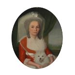 English School 18th Century Portrait of a lady in a red dress and veil, sitting by a window with a