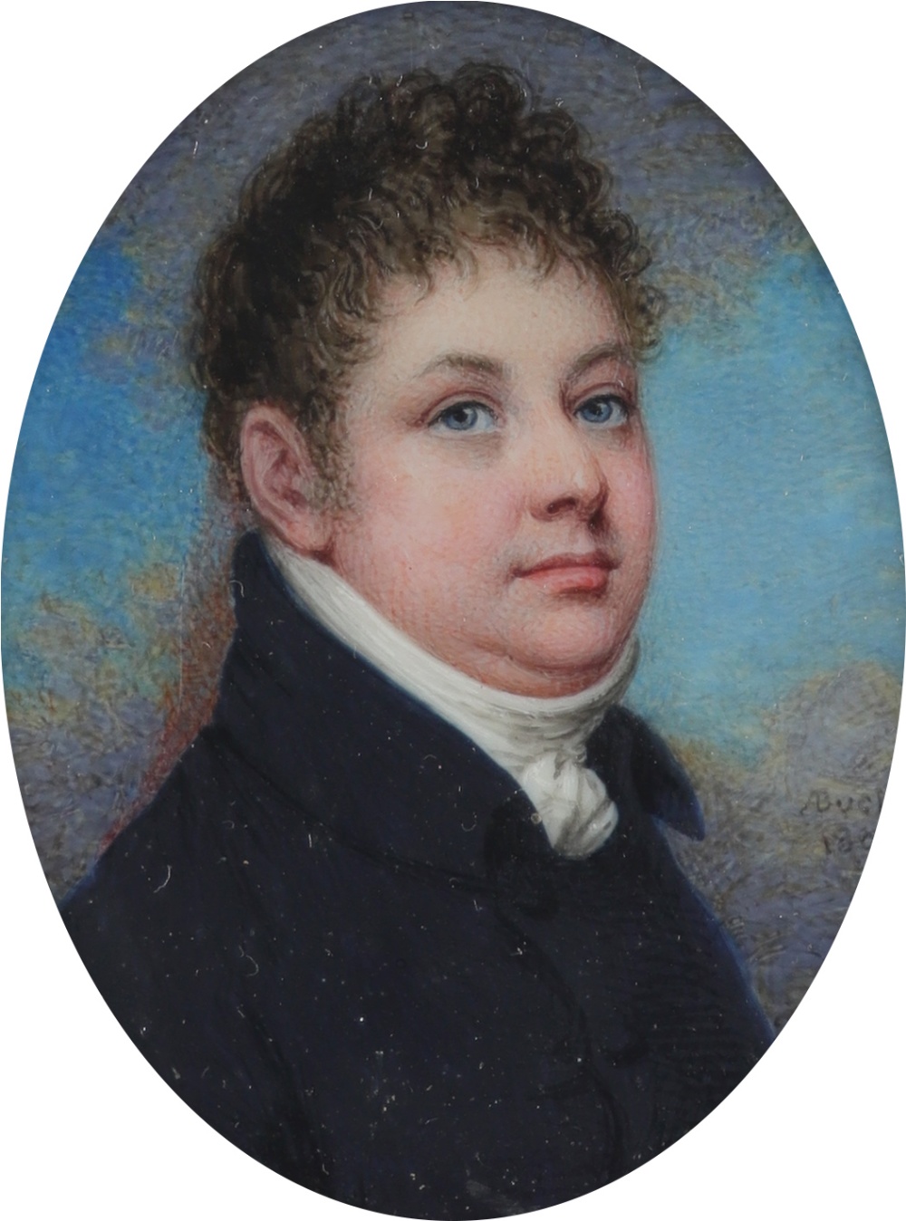 λAdam Buck (Irish 1759-1833) Portrait miniature of a gentleman in a blue coat and white stock Signed - Image 2 of 3