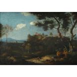 Circle of Richard Wilson Extensive Italian river landscape, with buildings on a hill above a