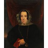 English School 19th Century Portrait of a lady in a black dress and white bonnet holding a book