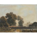 English School 19th Century Figures near a bridge Watercolour and pencil 22 x 28cm; 8½ x 11in