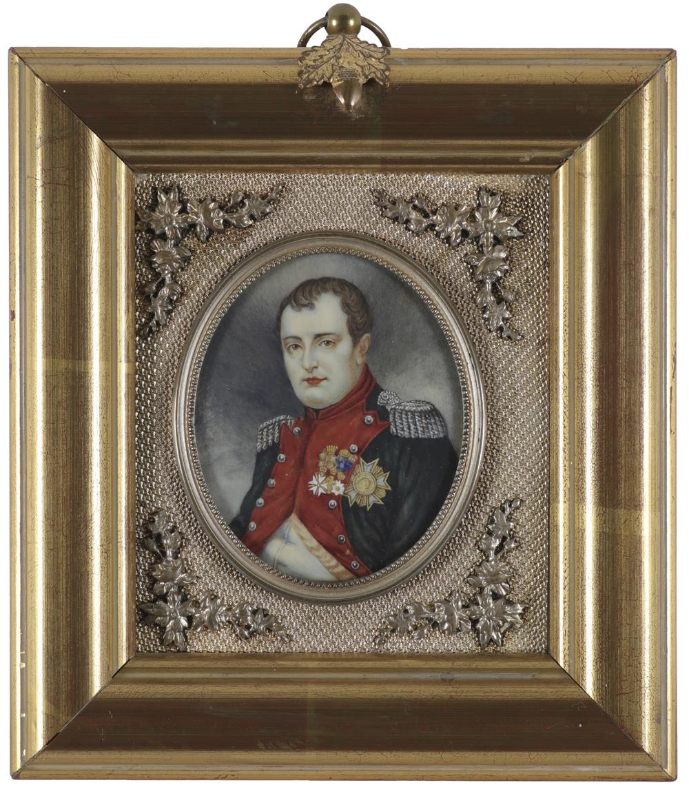 λEnglish School 19th Century Portrait miniature of Napoleon Bonaparte in uniform; Portrait miniature