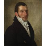 French School 19th Century Portrait of a gentleman in a black coat, striped waistcoat and white