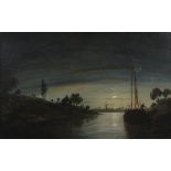 Circle of Henry Pether Moonlit scene with boats on a river, a windmill beyond Oil on panel 20.9 x