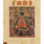 Stroganov School Icon of the Dormition of the Holy Virgin Inscribed in Cyrillic Tempera on panel