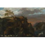 Italian School 18th Century Shepherd with his flock outside a grotto; Cattle watering in a rocky