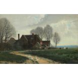 English School c.1920 Landscape with geese and cattle by a farm Indistinctly signed E****** Oil on